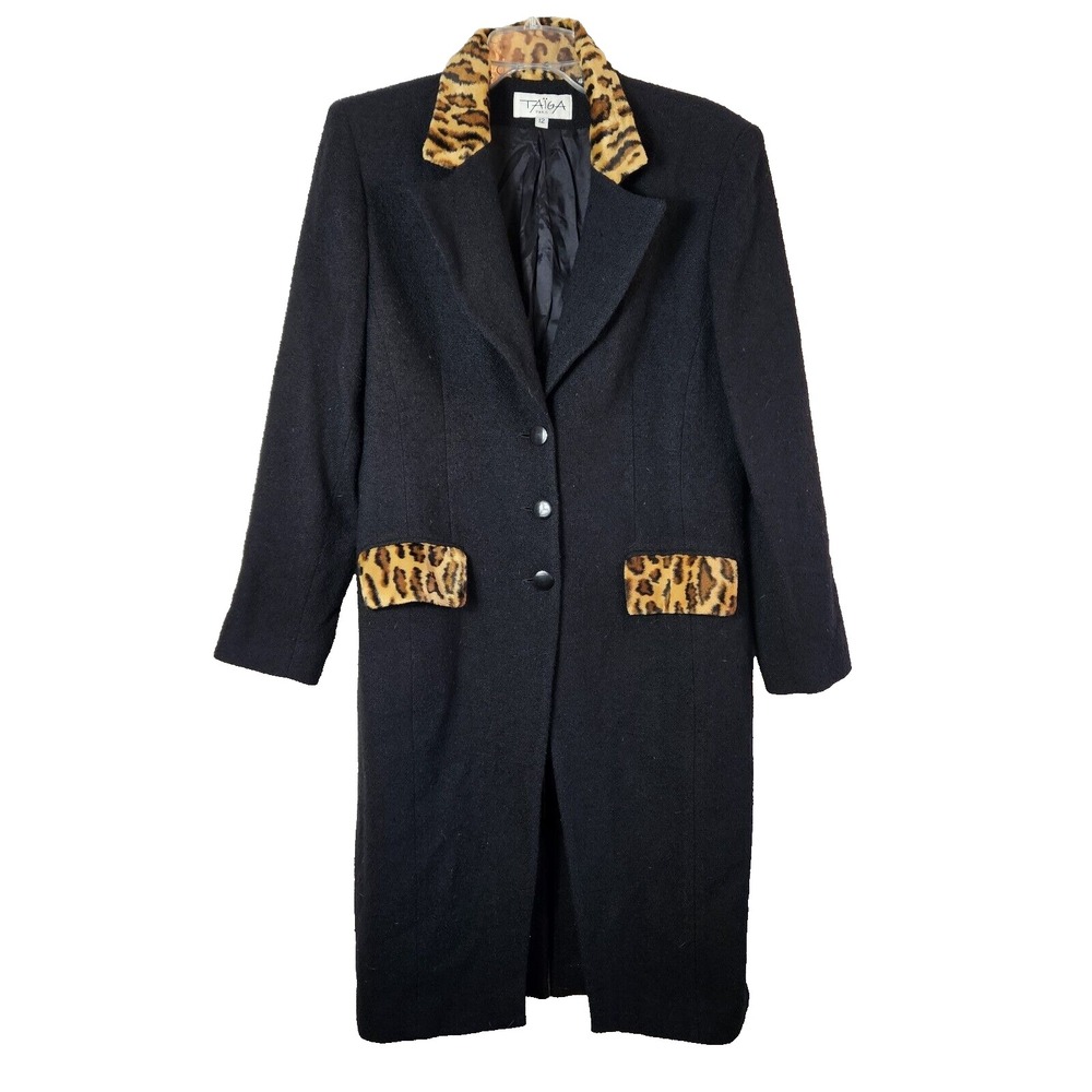 Taiga Paris Black Cheetah Collar Jacket Size‎ 12 Midi Length Whimsigoth Mob Wife